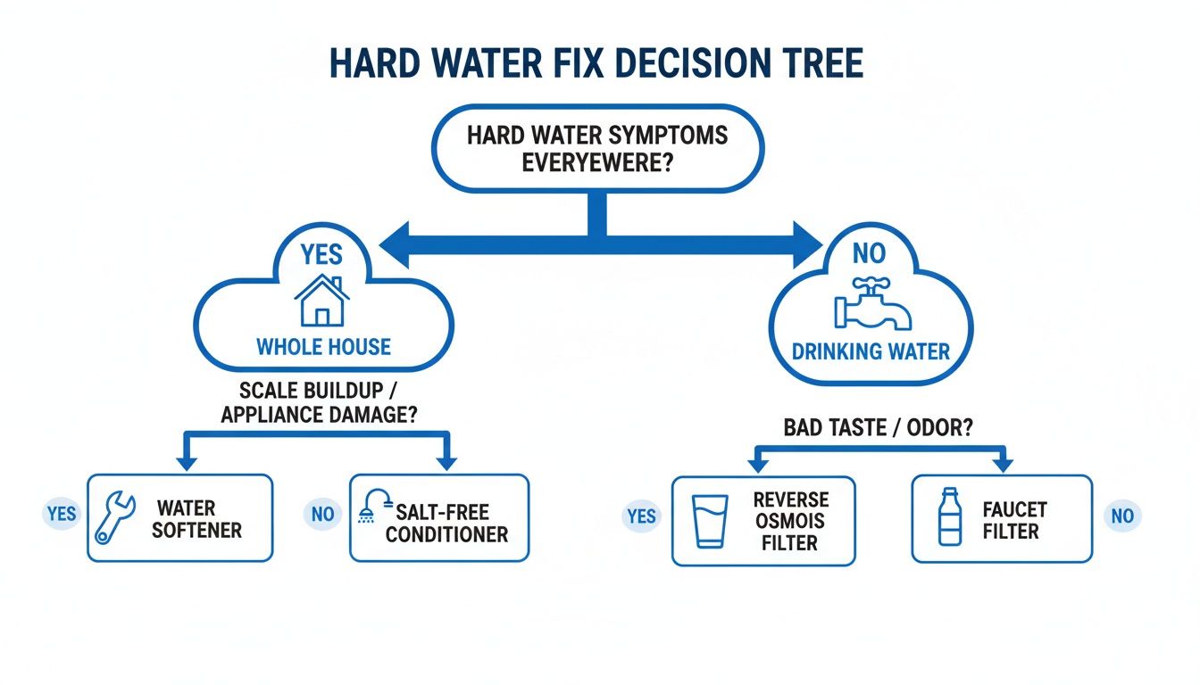 A decision tree diagram for fixing hard water symptoms in whole house or drinking water.