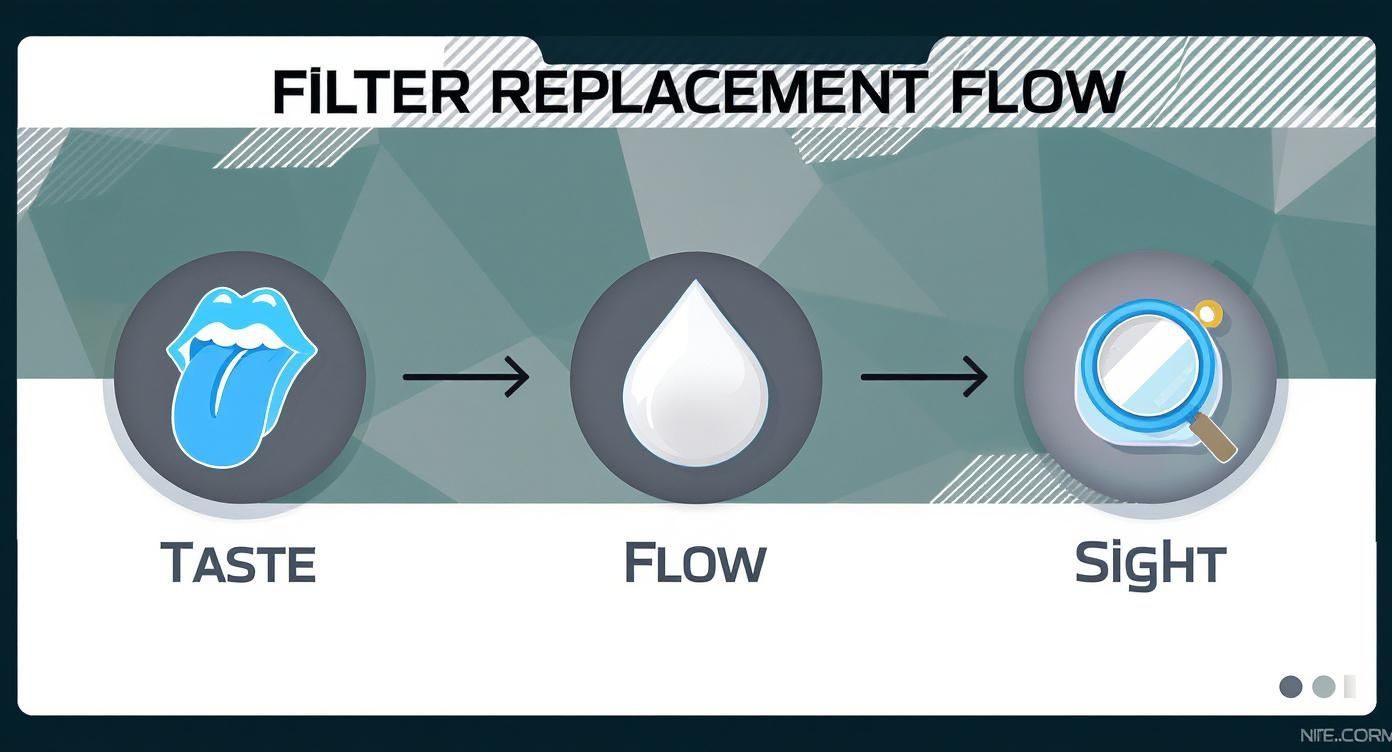 Diagram illustrating the filter replacement flow, showing taste, water flow, and sight as key indicators.