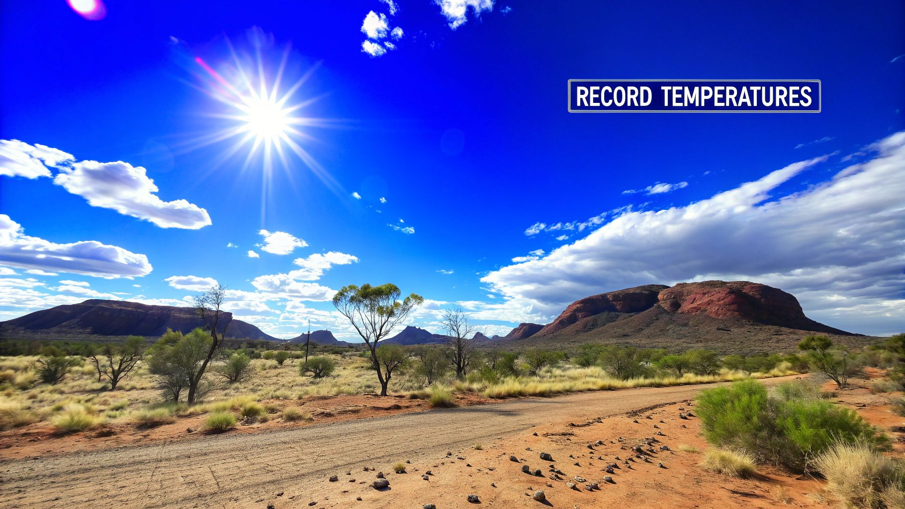 A dramatic, wide-angle shot of a sunburnt, cracked earth landscape in the Australian outback under a hazy, intensely bright sun.