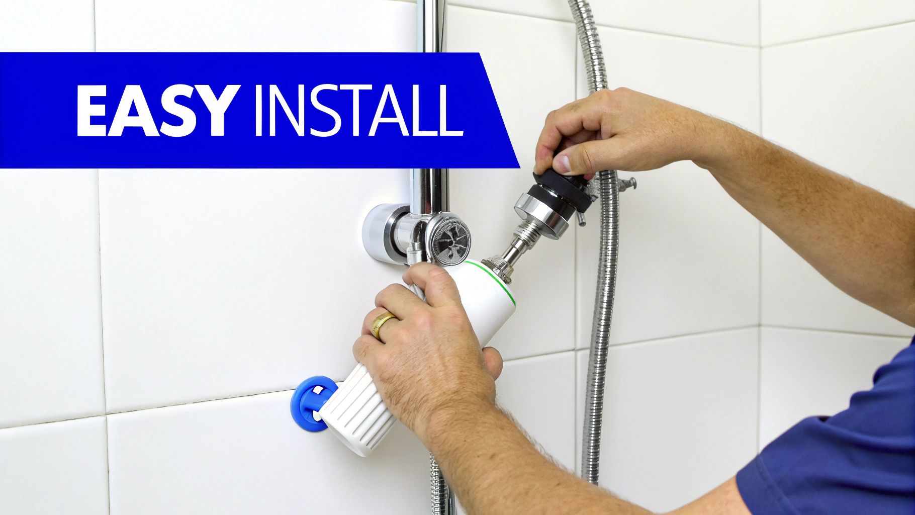 Hands installing a white shower filter on a chrome shower arm against white tiles, featuring 'EASY INSTALL' text.