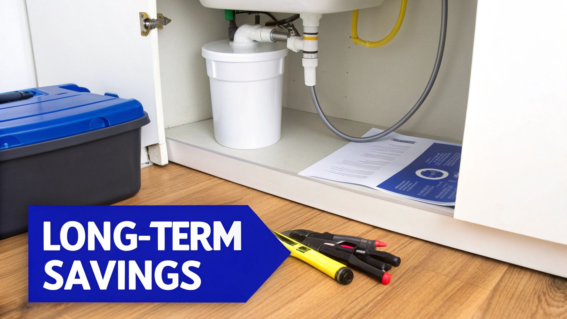 Under-sink reverse osmosis water filter system with plumbing, a blue toolbox, and tools on a wooden floor.