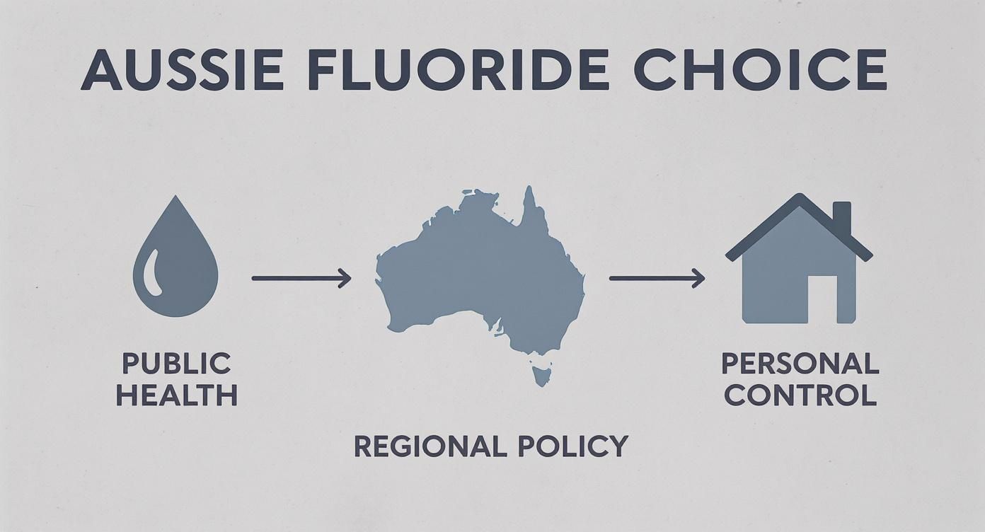 Infographic on Aussie fluoride choice, depicting public health, regional policy, and personal control.