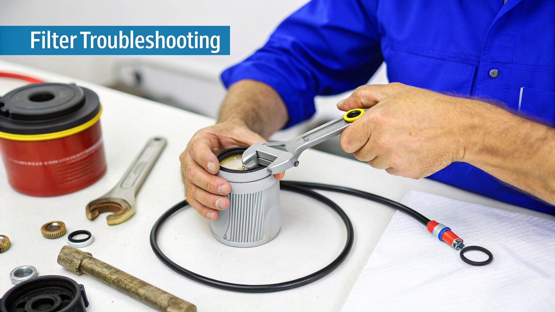 A person troubleshooting a water filter system in a kitchen setting.