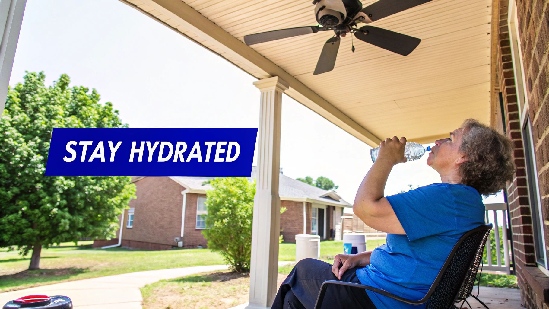 A person drinking from a water bottle on a hot sunny day, with a focus on hydration and staying cool.