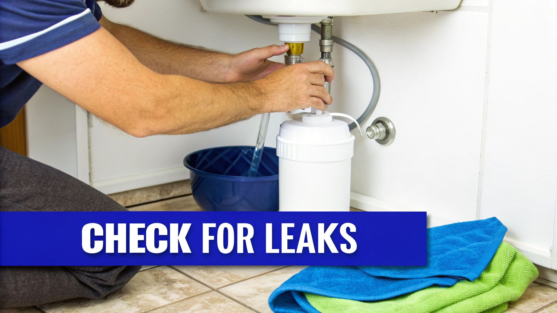 A person carefully checking for leaks around a newly installed water filter housing.