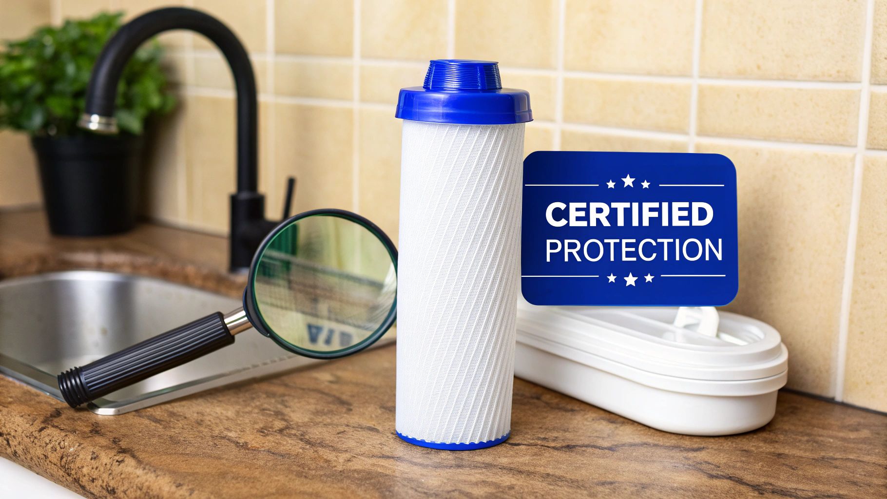 A white water filter cartridge with blue caps, a magnifying glass, and a "Certified Protection" sign on a kitchen counter.