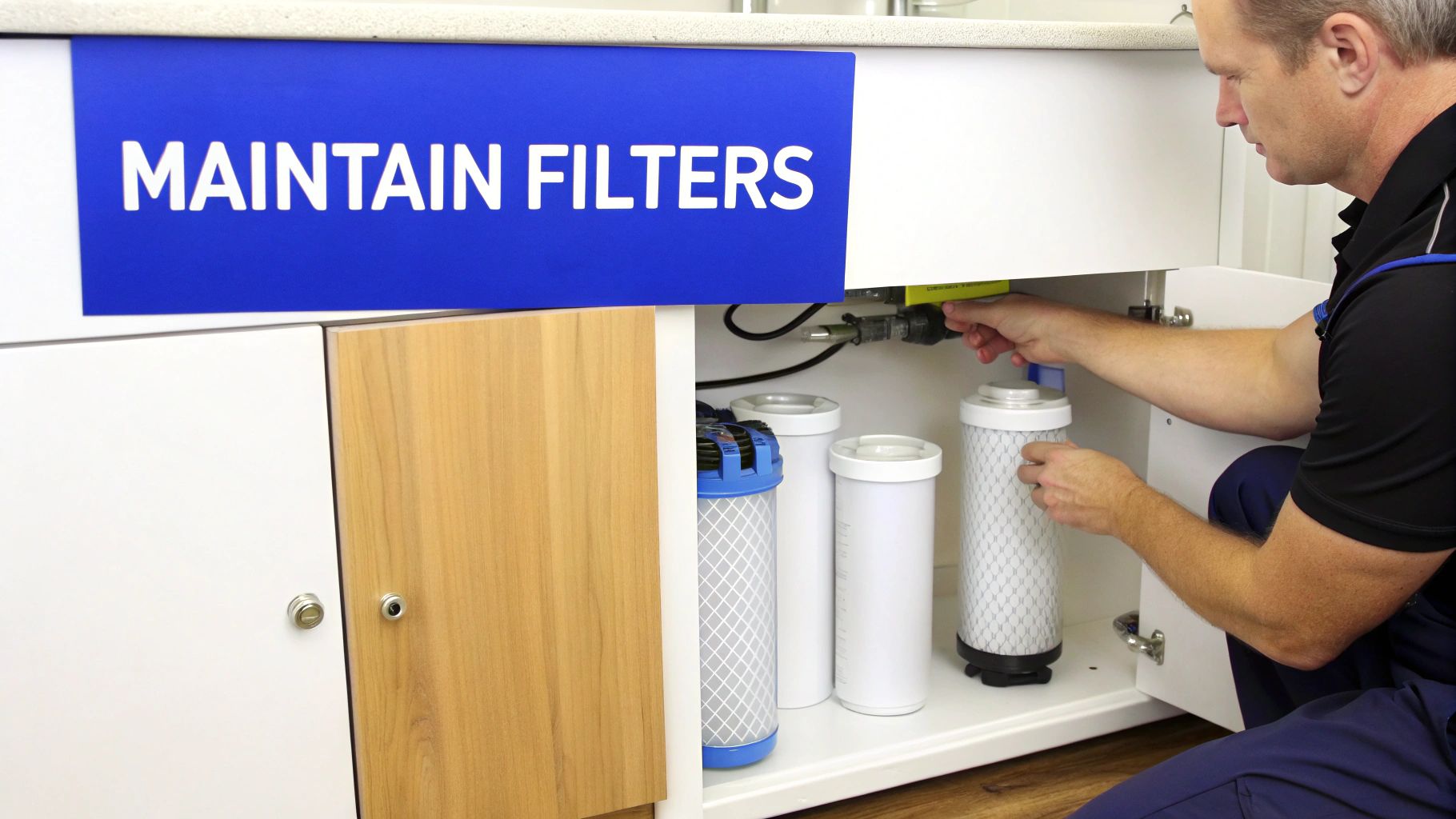 A man is shown maintaining under-sink water filters, guided by a 'MAINTAIN FILTERS' sign.