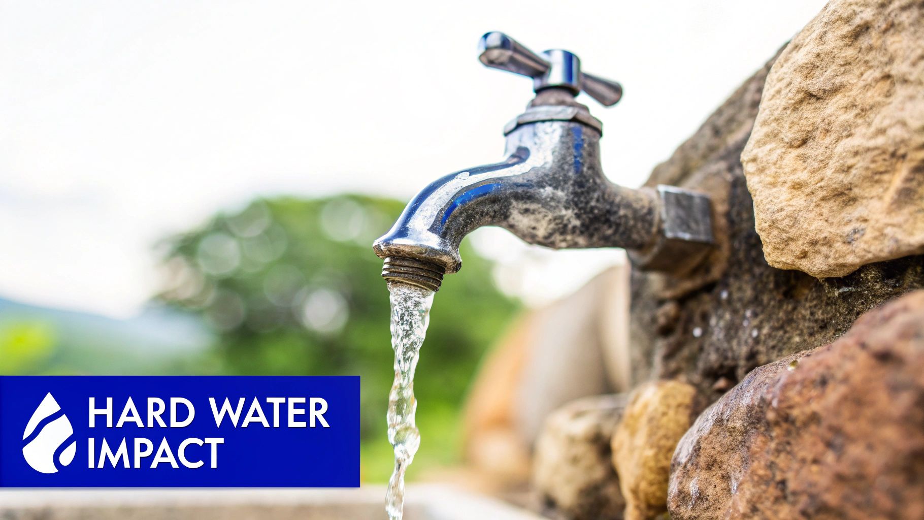 A close-up of a rustic metal outdoor tap with water flowing, set against a stone wall and a blurred green background. A blue banner reads "HARD WATER IMPACT".