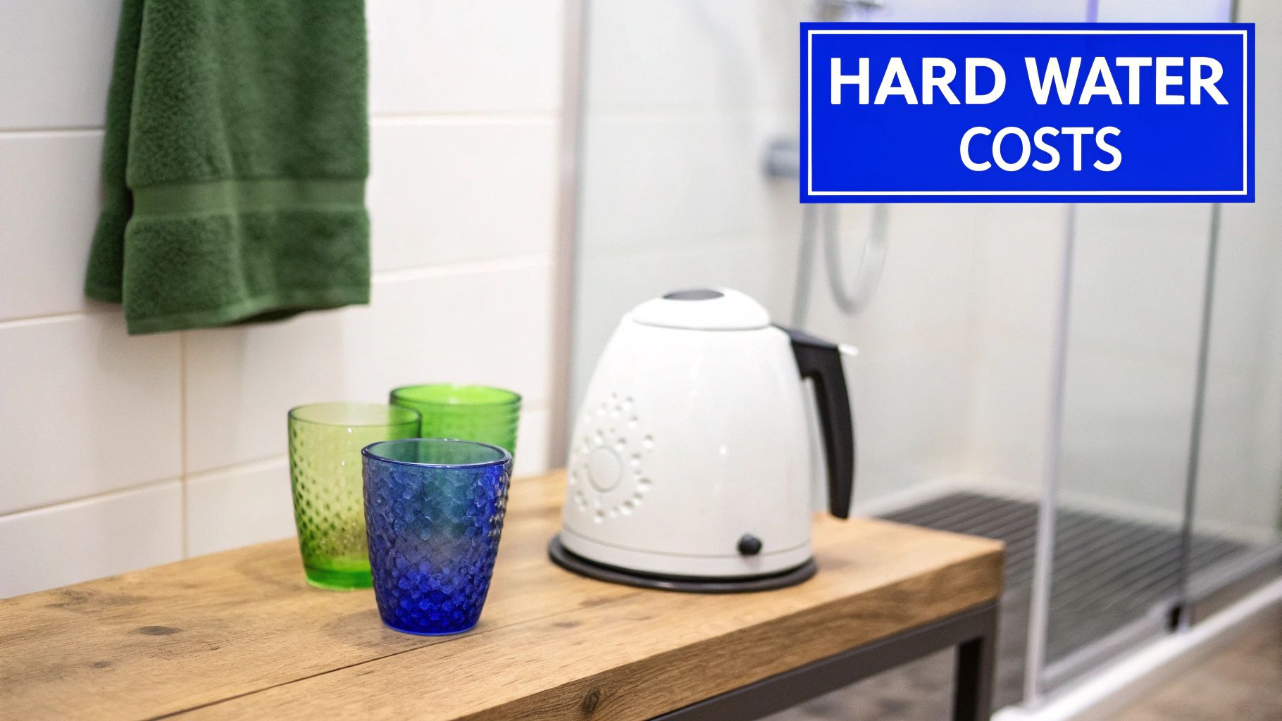 A white electric kettle, colorful textured glasses, and a green towel, with a 'HARD WATER COSTS' sign.