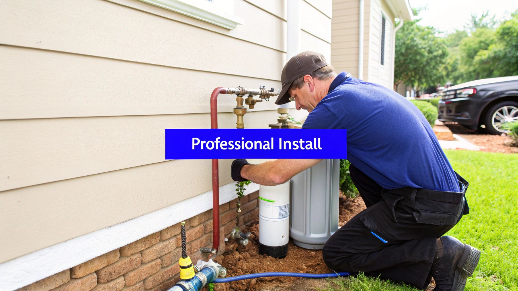 A professional plumber works on installing a whole house water filtration system in a home's utility area.