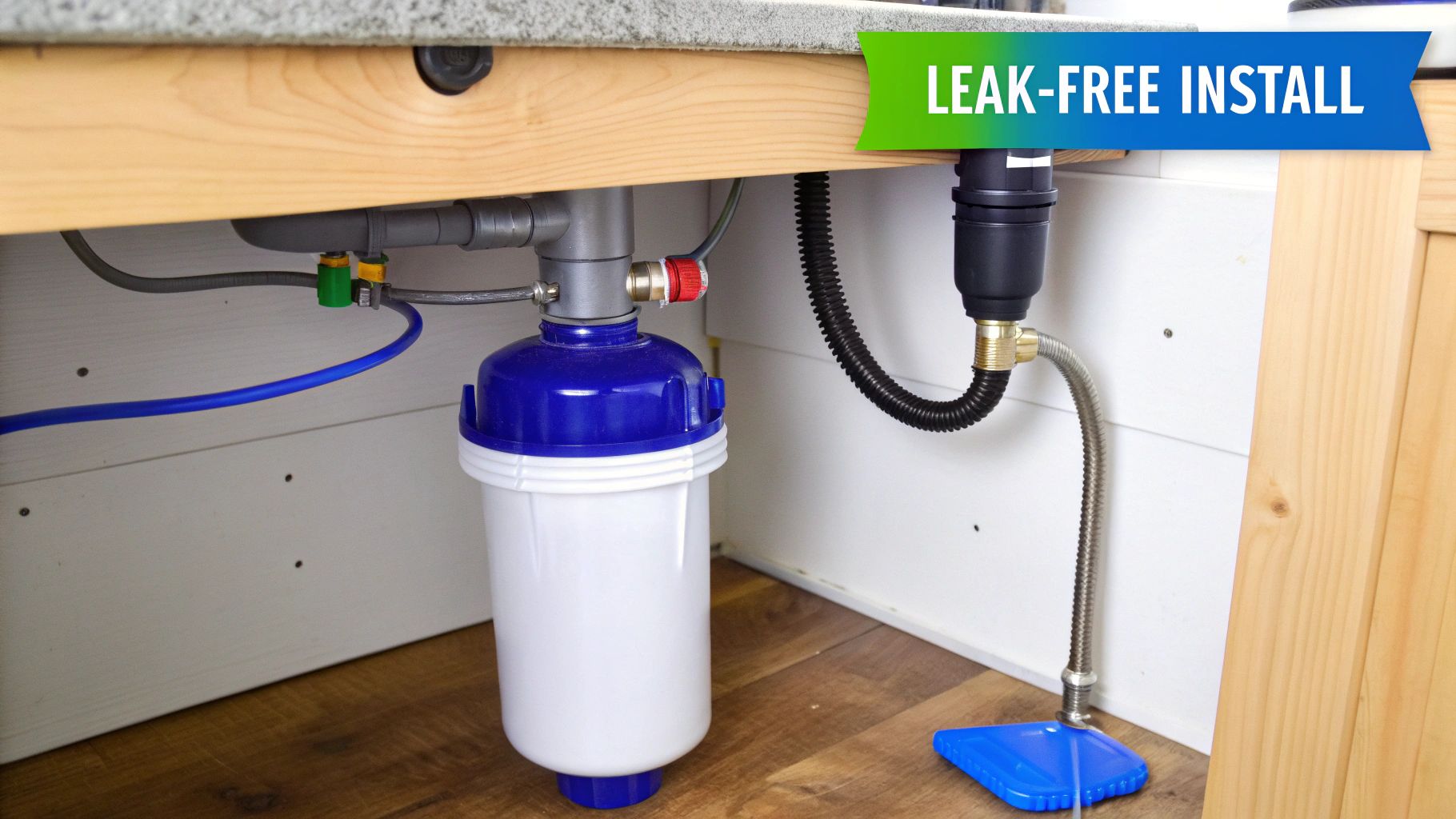 A person installing an under-sink water filter system.