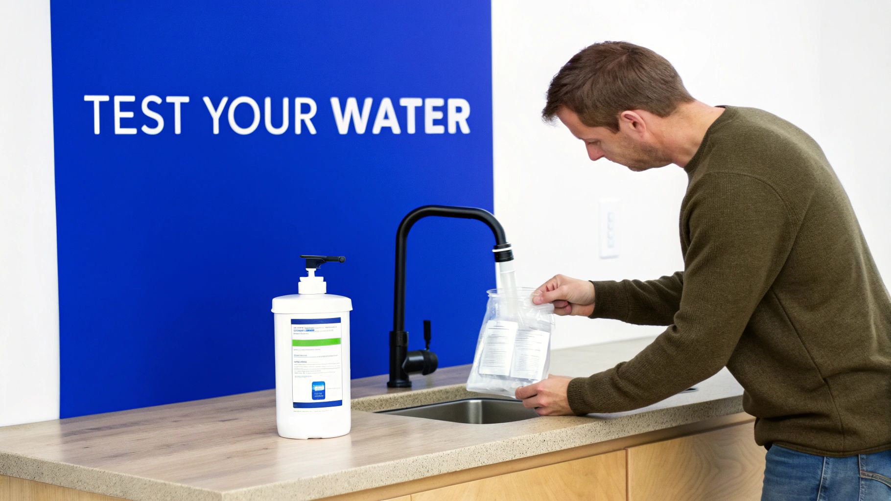 A man fills a water sample bag from a faucet, with a "Test Your Water" sign behind him.
