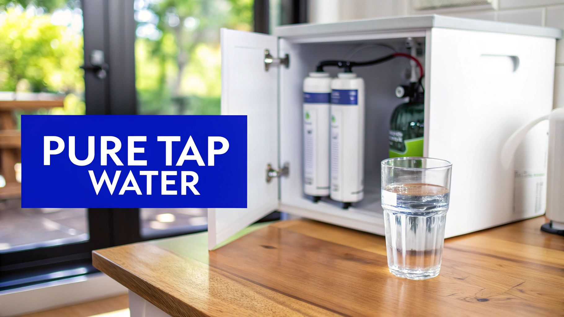An undersink water filter system with open cabinet door, showing filters and a glass of pure water on a wooden counter.