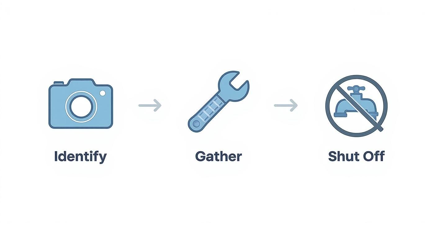 Three-step process diagram: Identify (camera), Gather (wrench), Shut Off (crossed-out faucet).