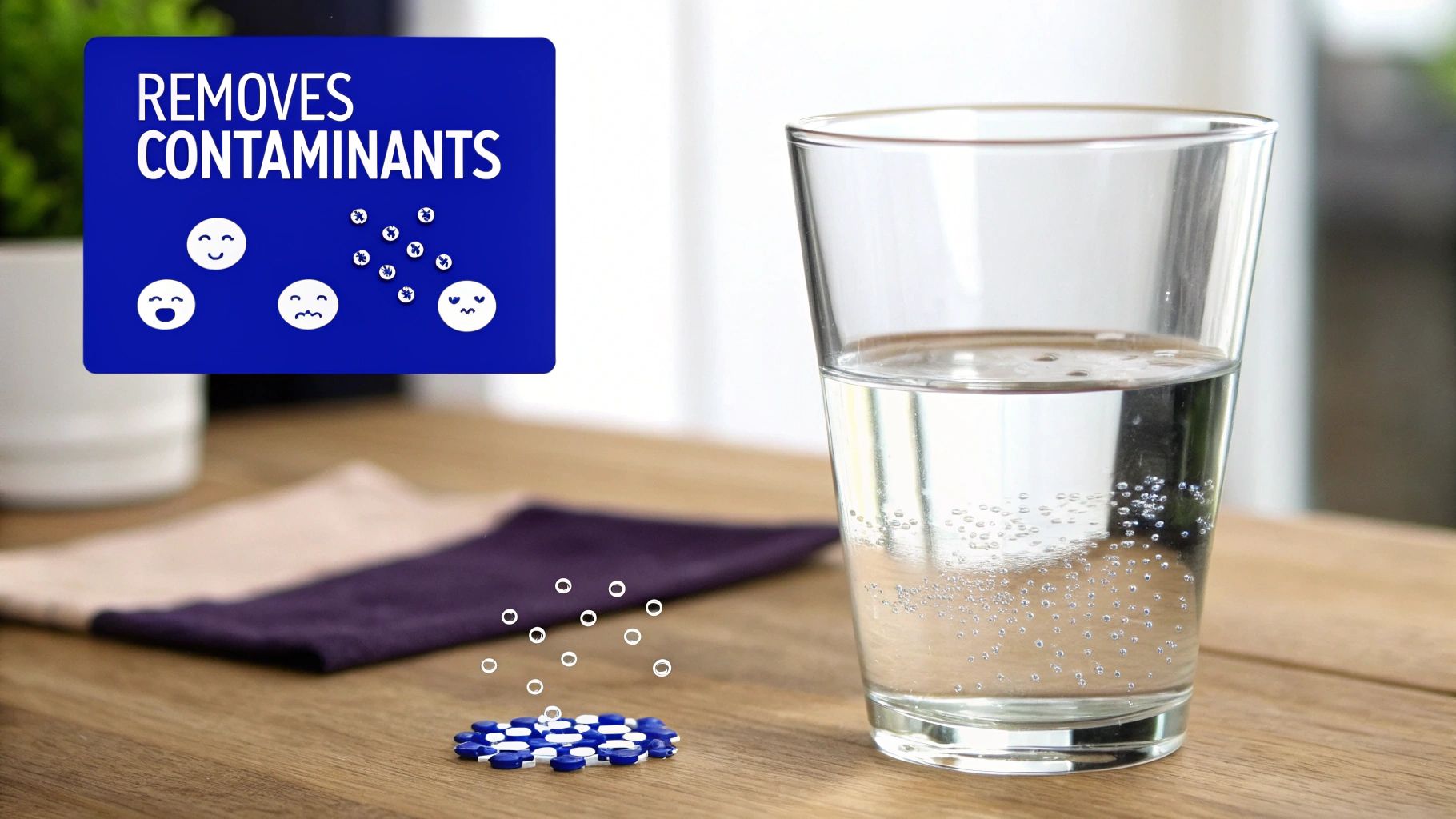 A glass of water and a blue sign reading 'REMOVES CONTAMINANTS' with purification graphics on a wooden table.