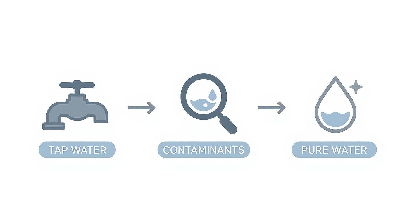 Diagram illustrating the process where tap water is purified into clean, pure water by removing contaminants.