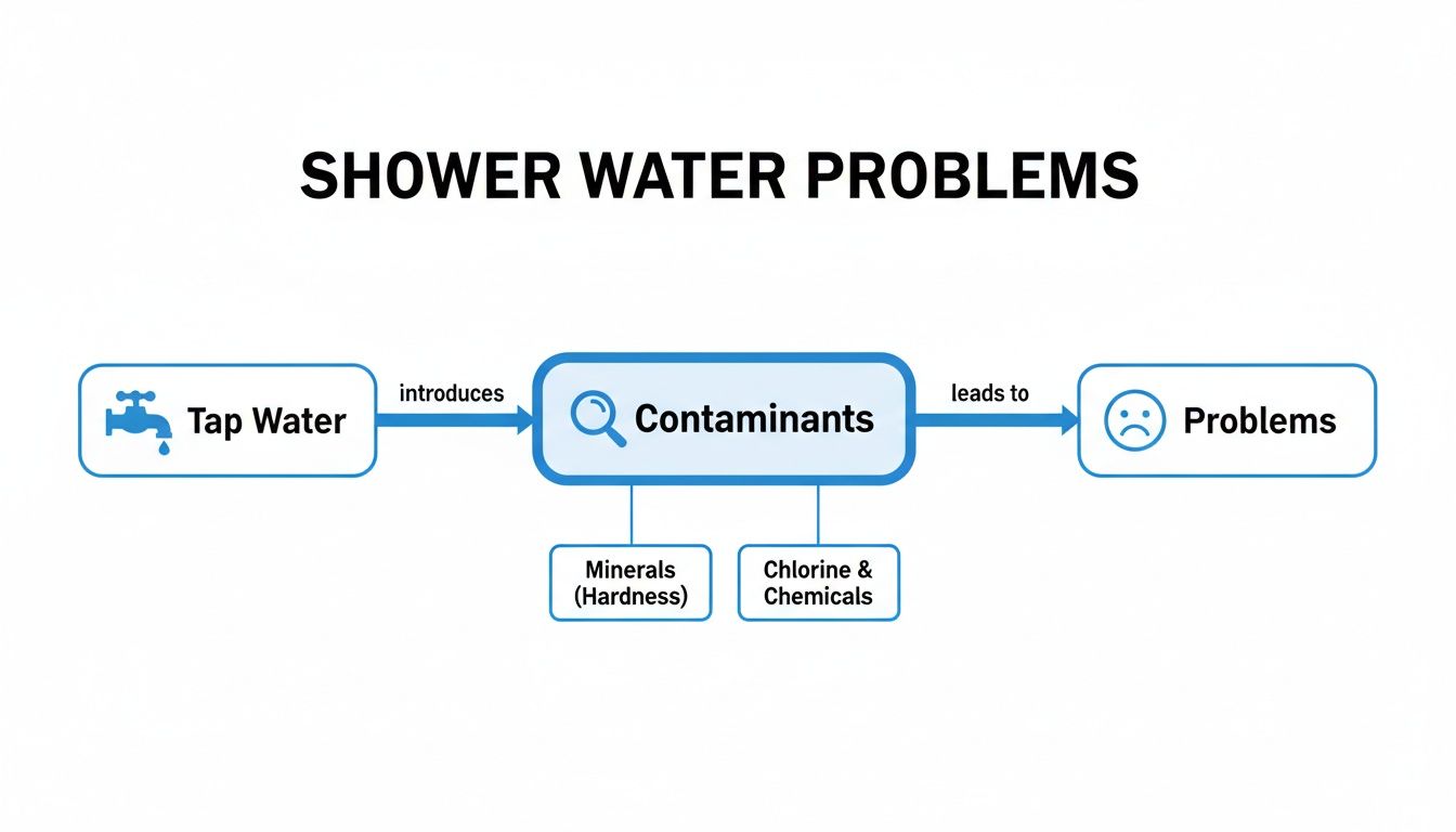 Flowchart explaining shower water problems from tap water introducing contaminants like minerals and chlorine.