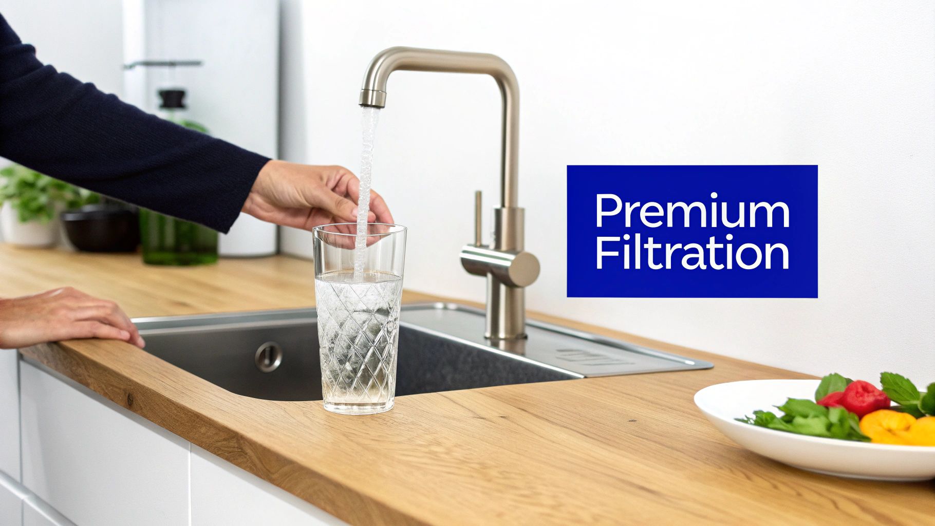 A person fills a glass with water from a modern kitchen faucet, emphasizing premium water filtration.
