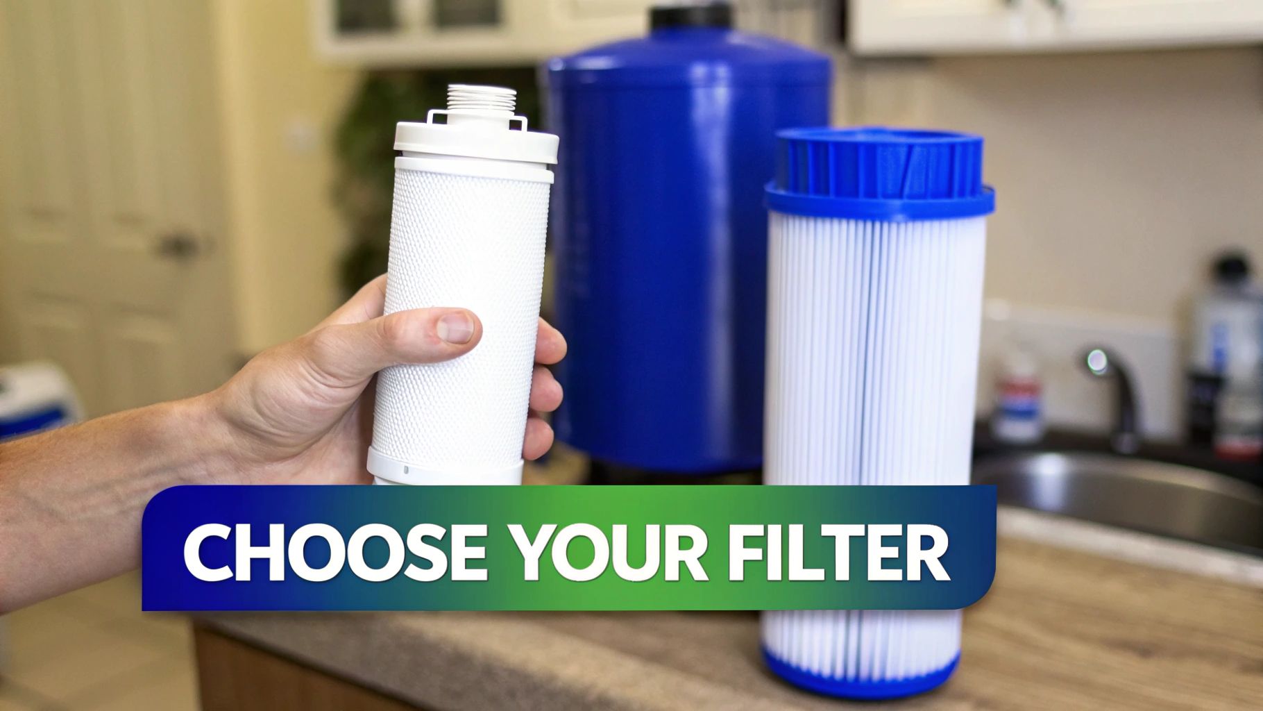 A hand holds a white water filter next to another filter and a large blue water tank.