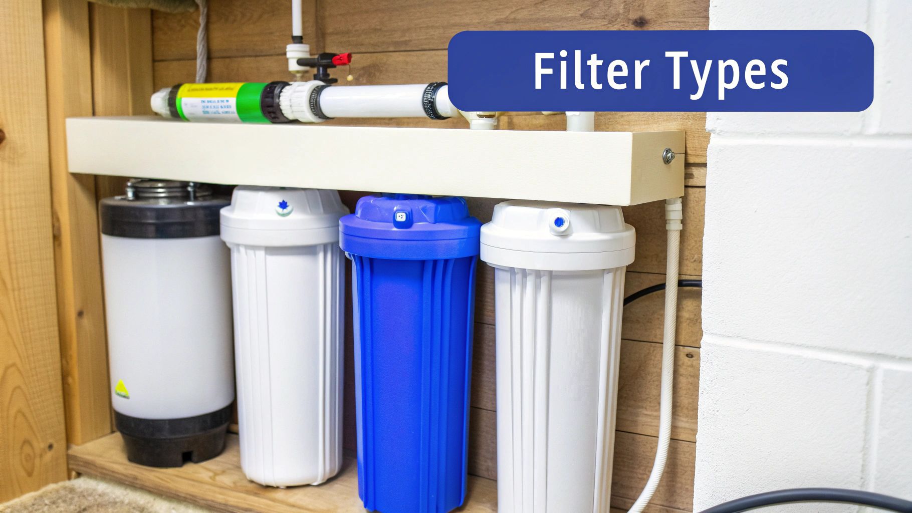 A close-up of a whole house water filtration system with blue and white components.