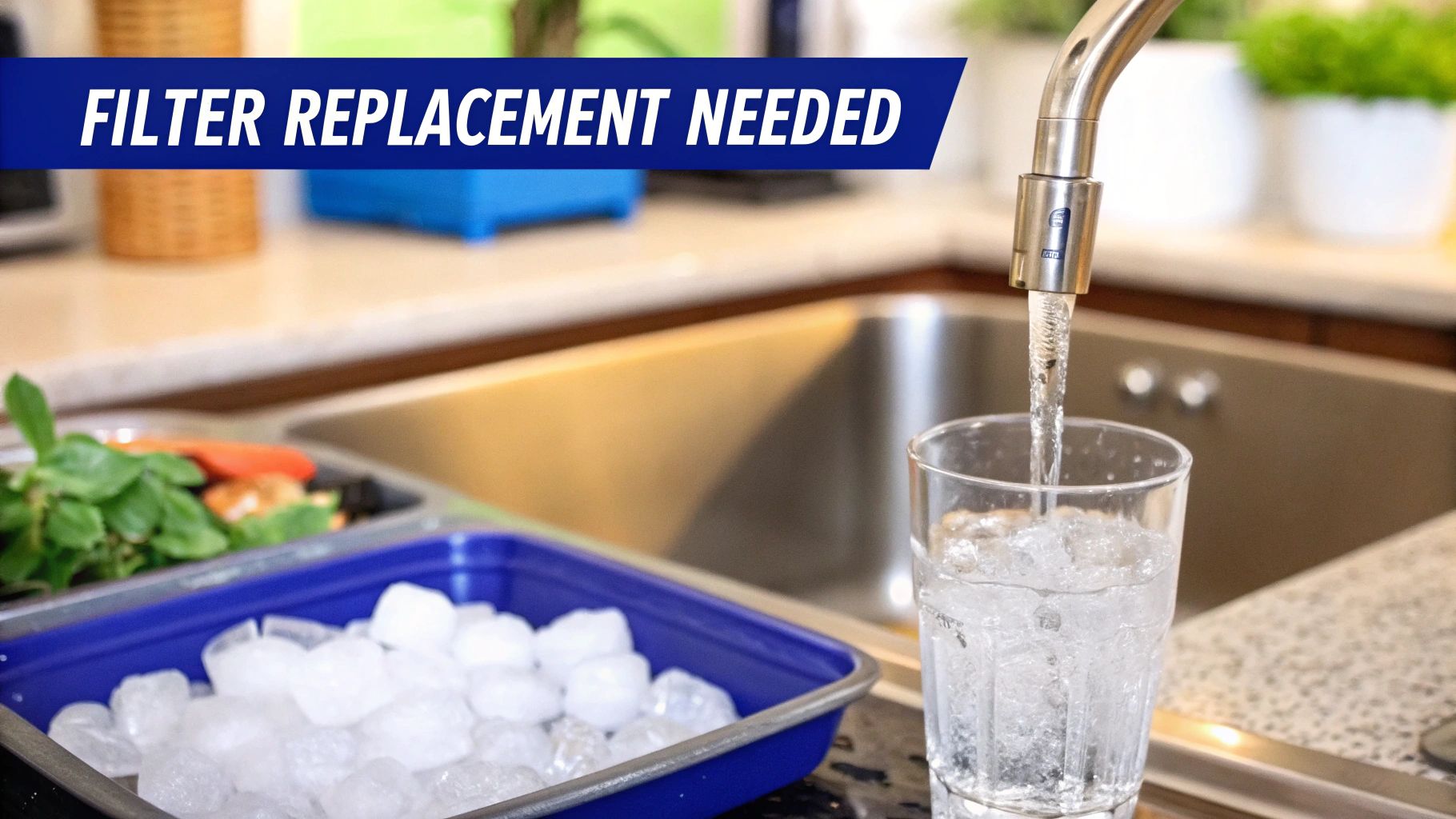 Water flowing from a kitchen faucet into a glass of ice. Banner reads 'FILTER REPLACEMENT NEEDED'.