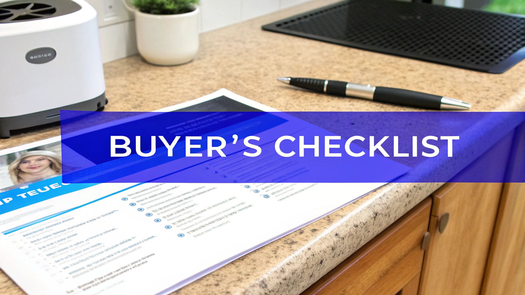 A buyer's checklist document on a countertop with a pen, a plant, and a water purifier.