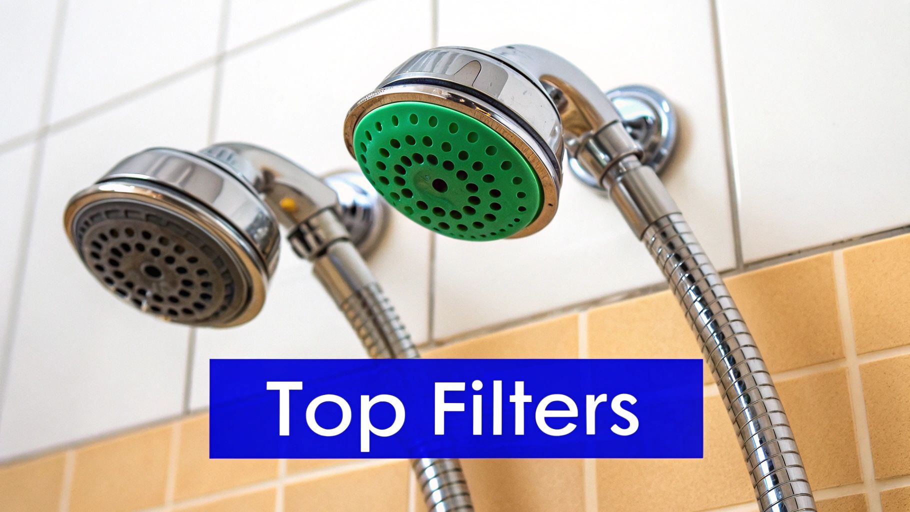 Two shower heads in a bathroom, one with a bright green filter and another regular one.