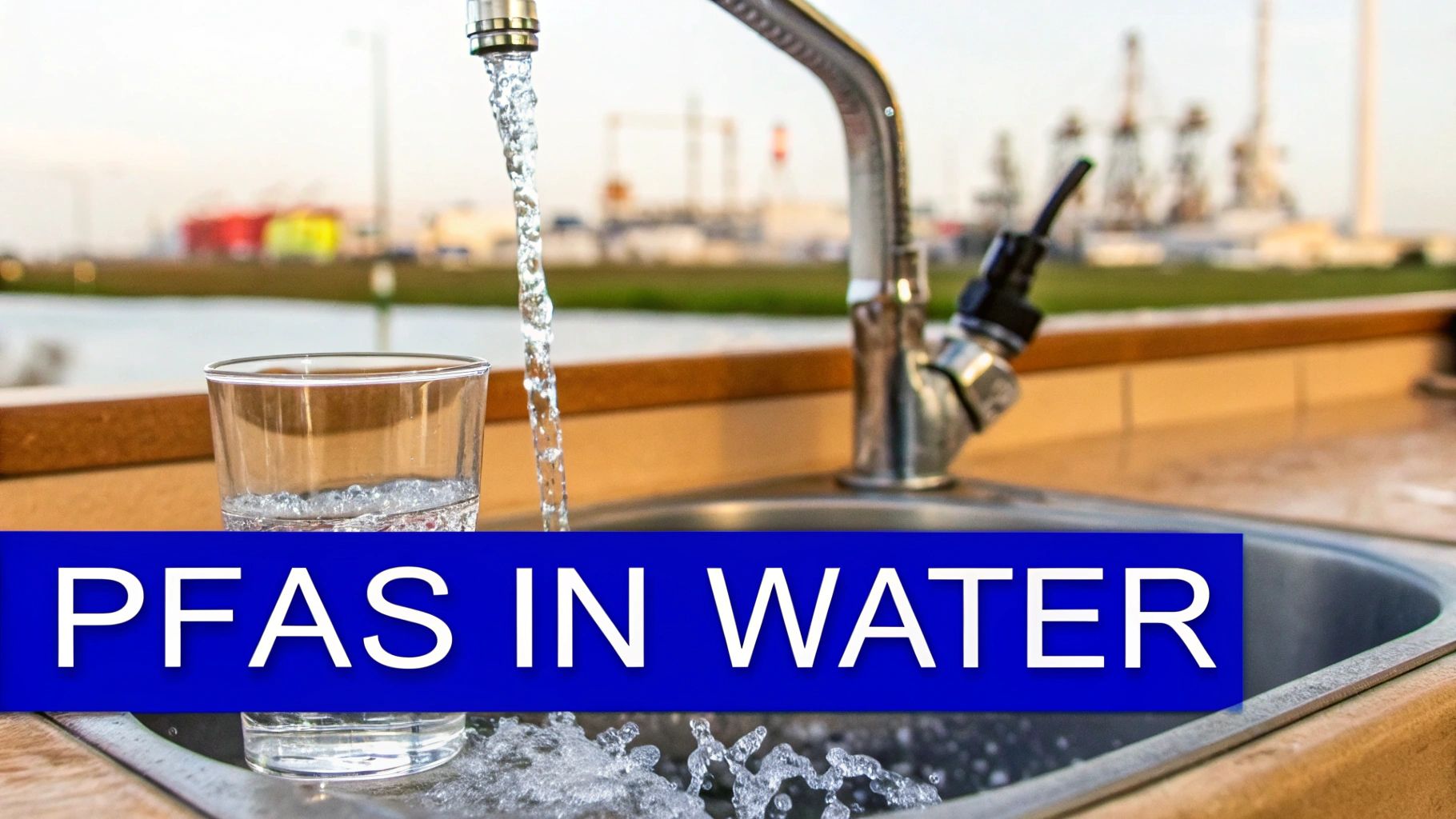 Water streams from a faucet into a sink and glass, with industrial background and 'PFAS IN WATER' text.