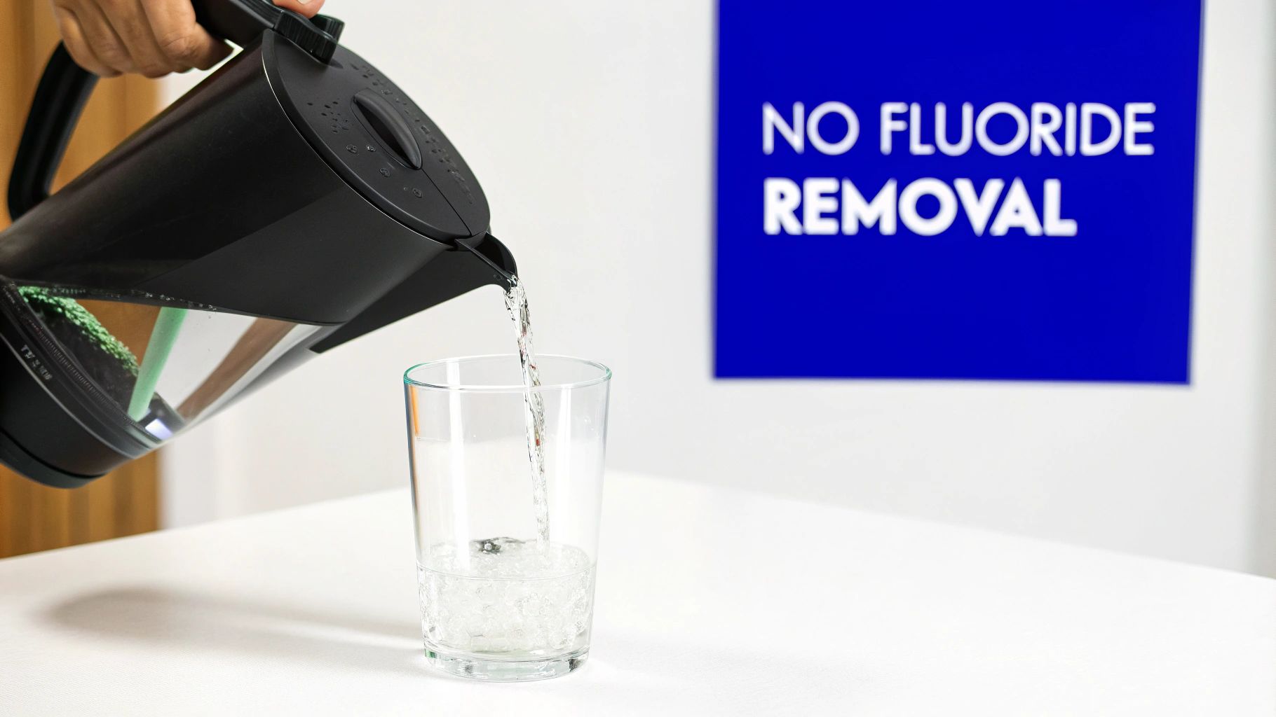 A hand pours water from a black filter pitcher into a glass, with a blue 'NO FLUORIDE REMOVAL' sign.