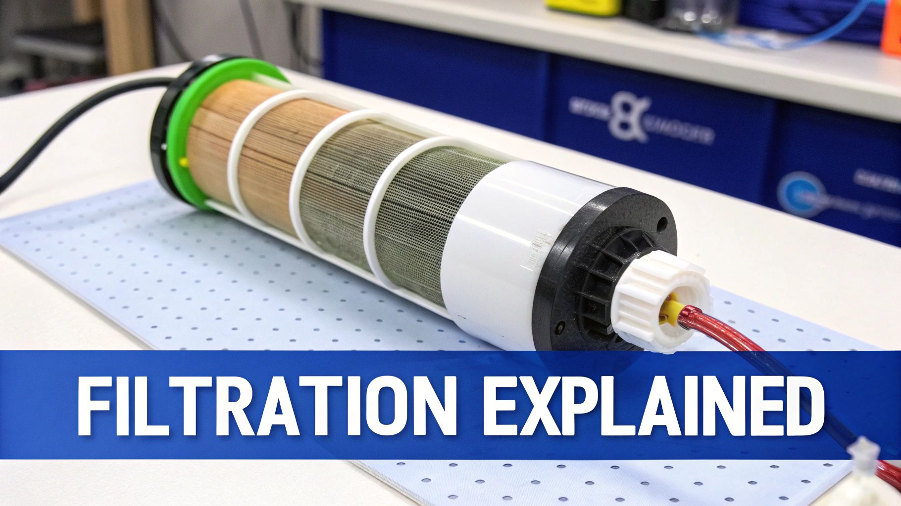 Close-up of a filtered water cooler for office use, showing the filtration system inside