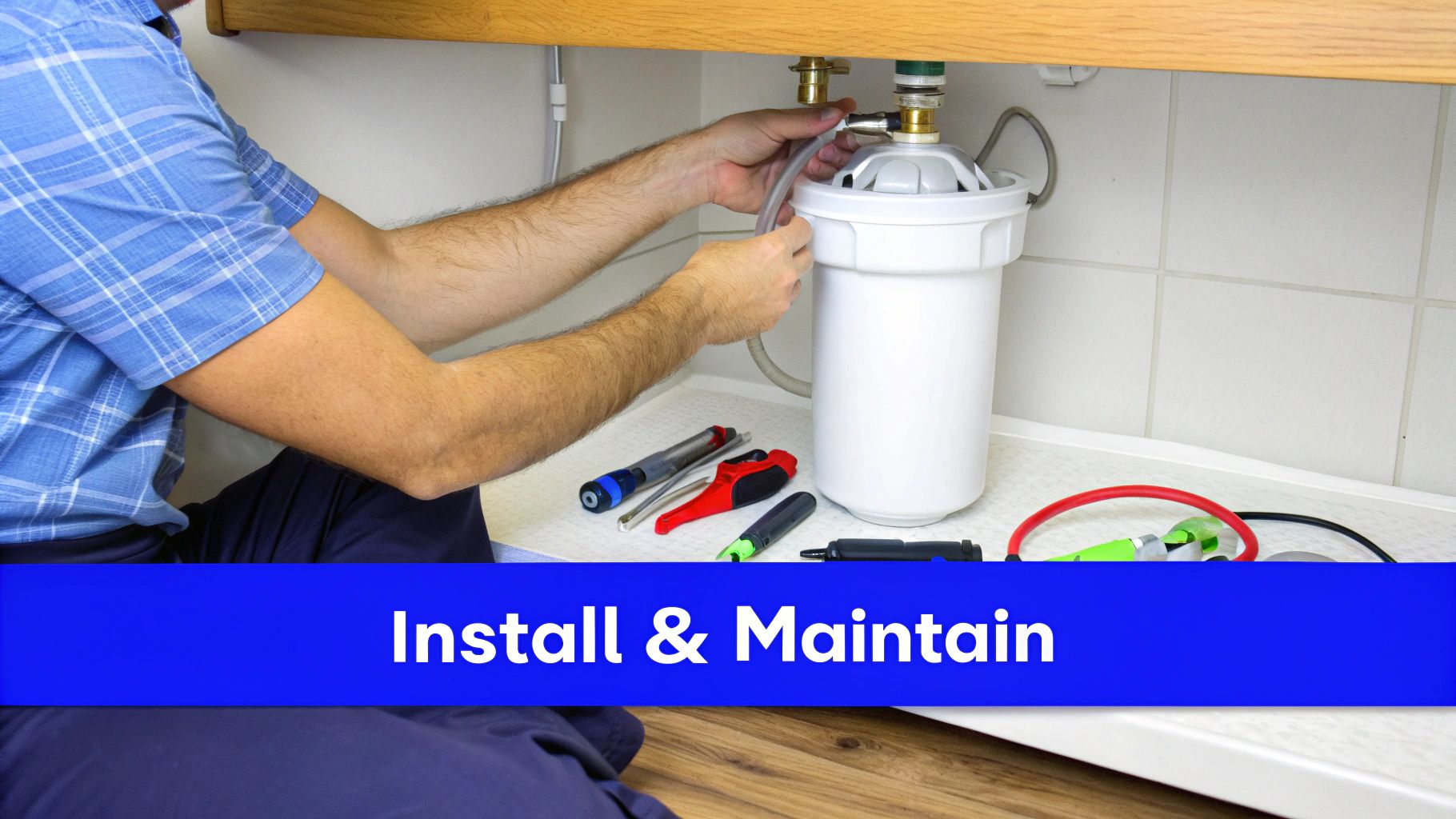 Technician installing an under sink water filter system.