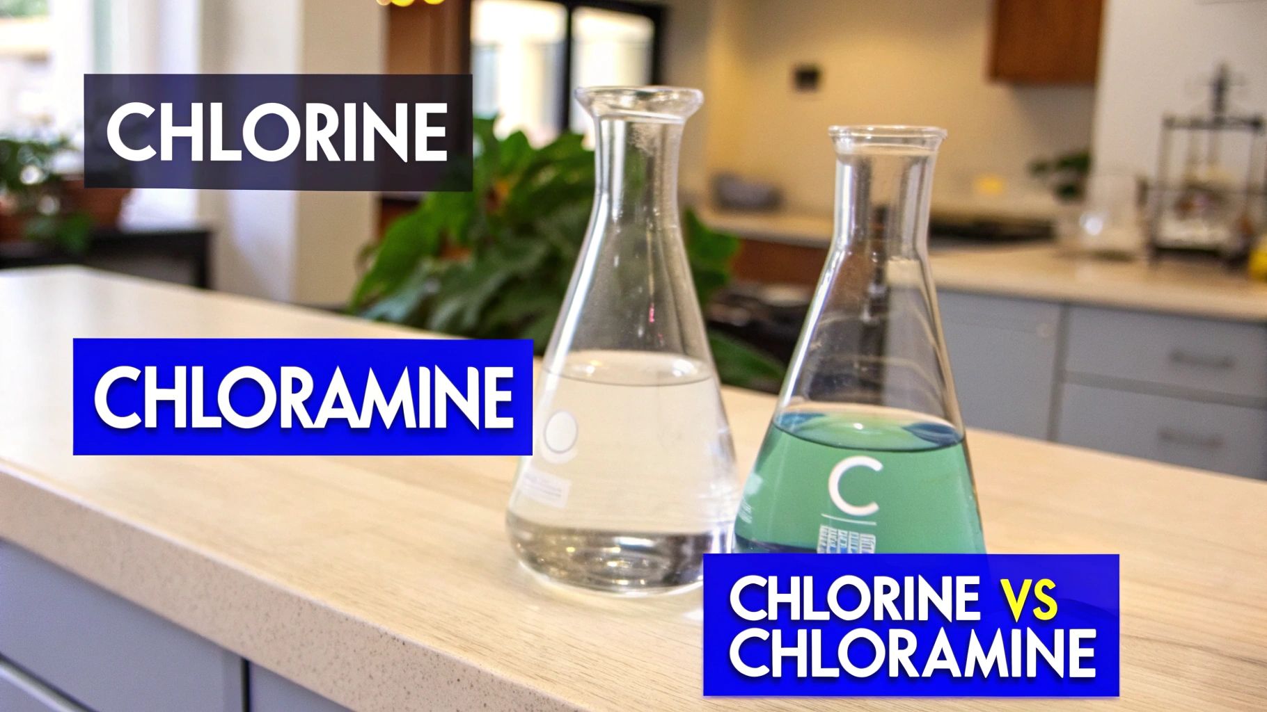 Two beakers, one with clear chlorine and one with blue chloramine, highlighting their comparison.
