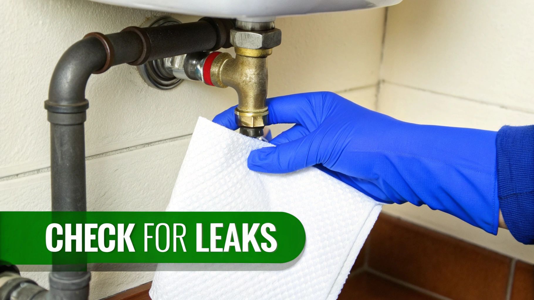 A gloved hand uses a paper towel to check a brass pipe connection for water leaks under a sink.