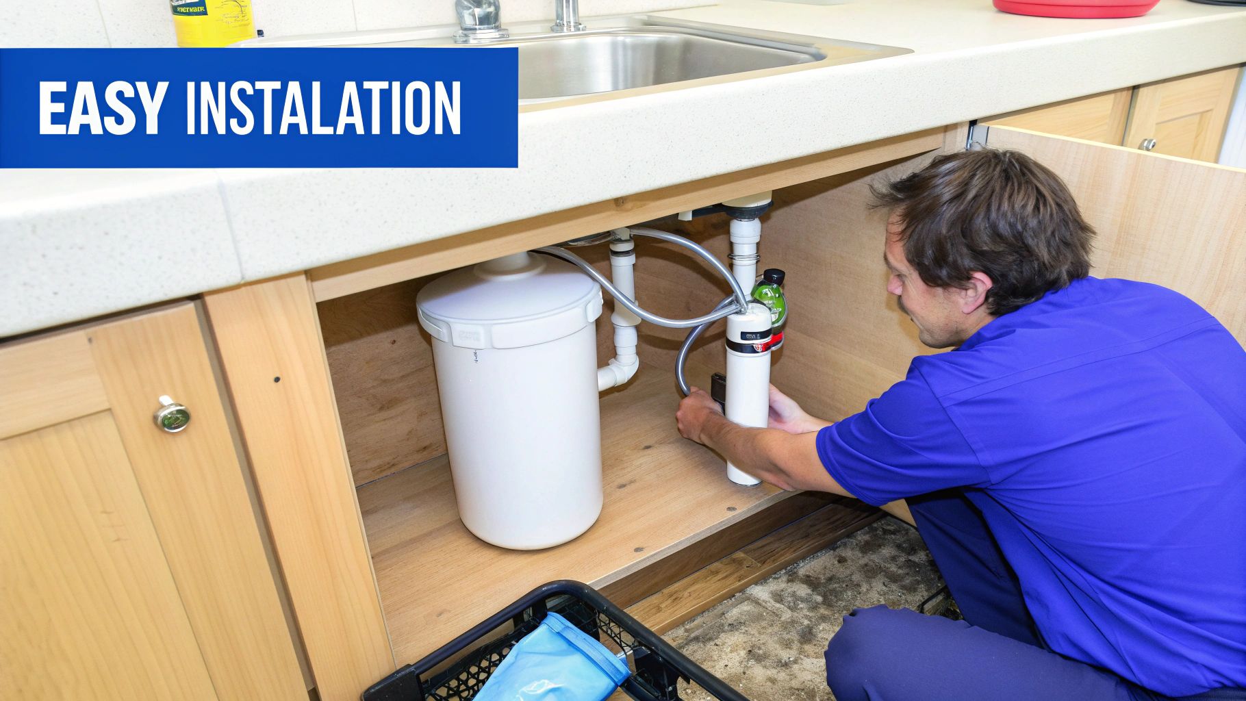 A person is shown carefully installing an under-sink water filter.