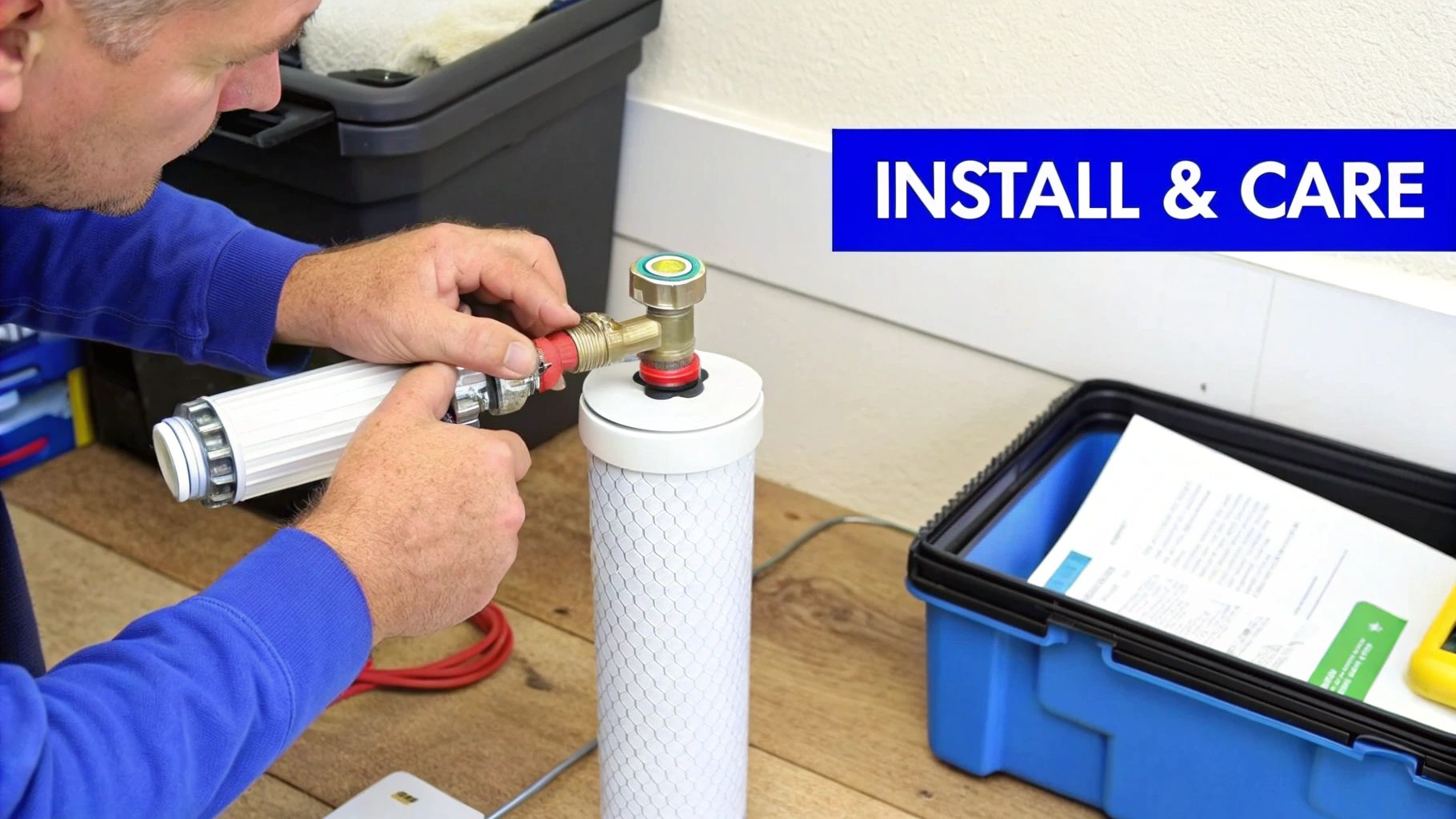 A plumber installing a whole house water filter system on a main water line.