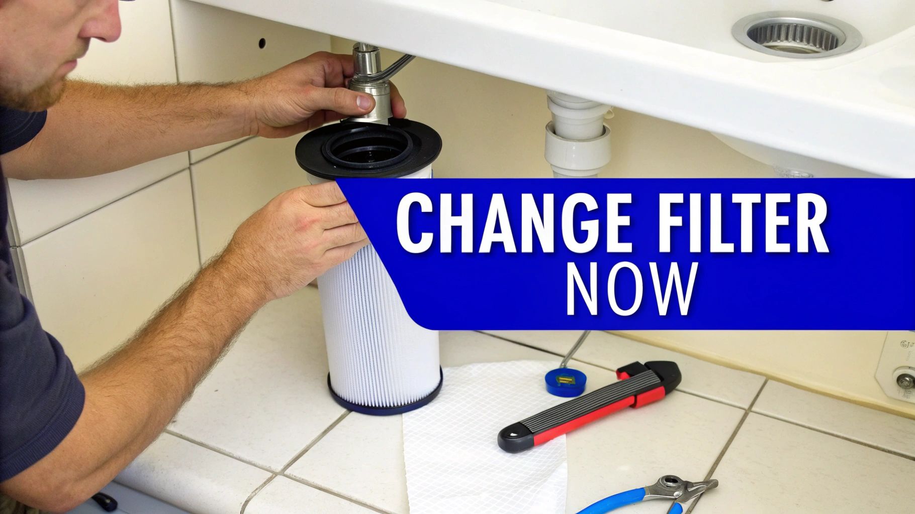 A modern office building and a suburban Australian home shown side-by-side, representing commercial and residential water filter use.