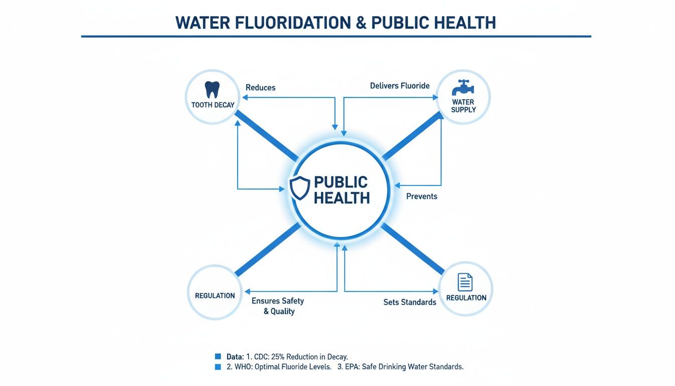 Diagram illustrating water fluoridation's positive impact on public health, reducing tooth decay through regulated water supply.