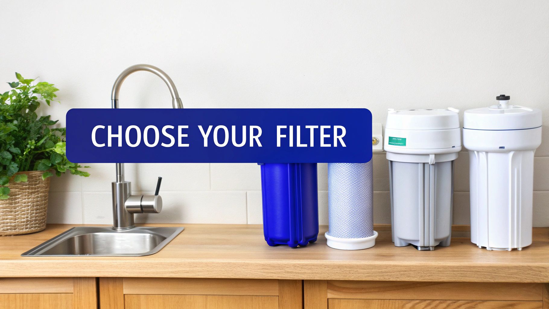 Various household water filters on a modern kitchen counter next to a sink, with a 'Choose Your Filter' banner.