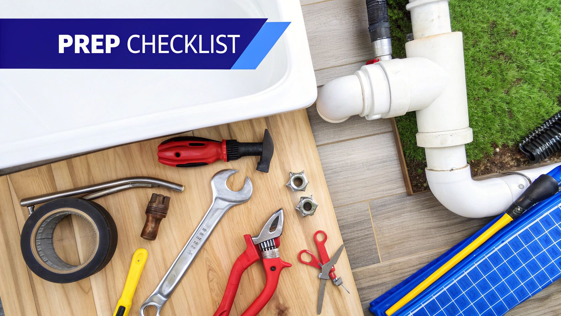 A person gathering tools and a water filter system on a kitchen counter before installation.