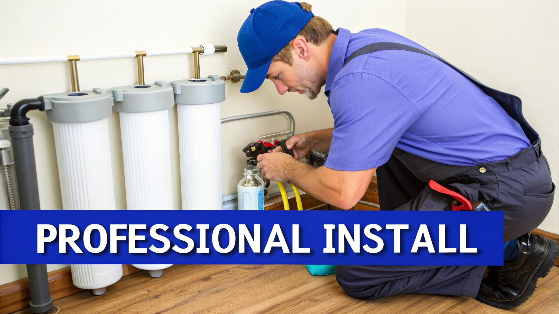 Plumber installing a whole house water filtration system