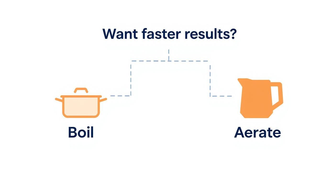 Diagram asking 'Want faster results?' comparing boiling water in a pot versus aerating water in a pitcher.