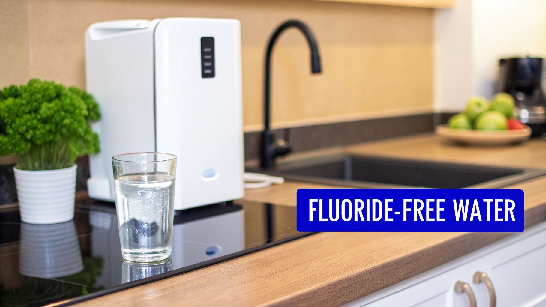 A white water purifier dispenses fluoride-free water into a glass on a modern kitchen counter.