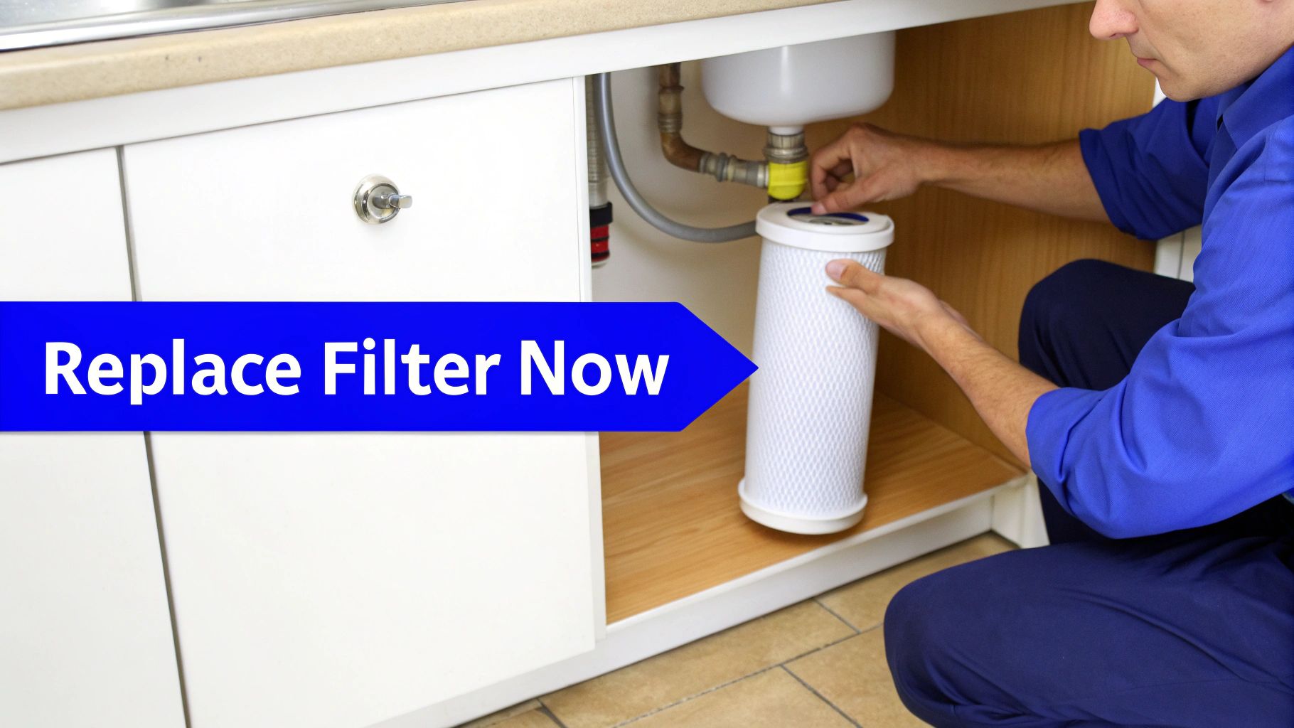 A person changing a carbon water filter cartridge in an under-sink system.