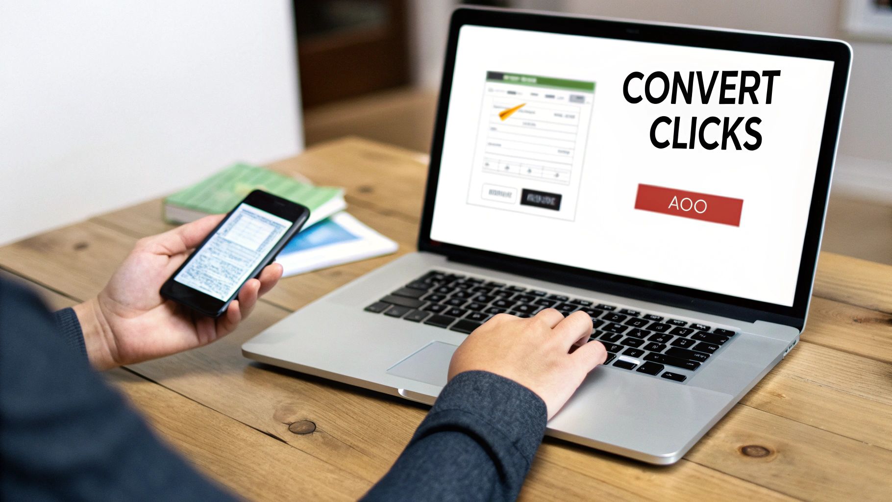 Person using a laptop and smartphone on a desk, laptop screen displays 'Convert Clicks' text.