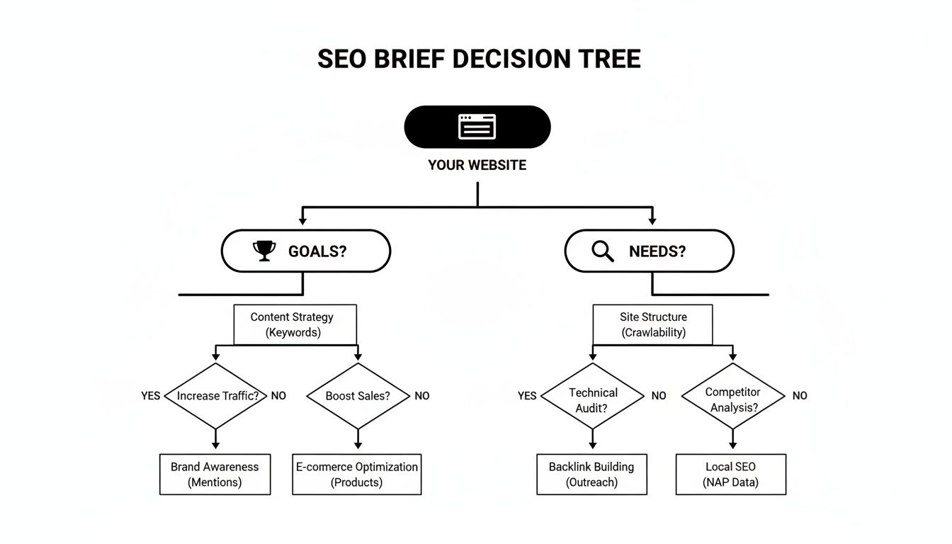 A flowchart detailing SEO strategies based on website goals and needs like traffic, sales, and site structure.