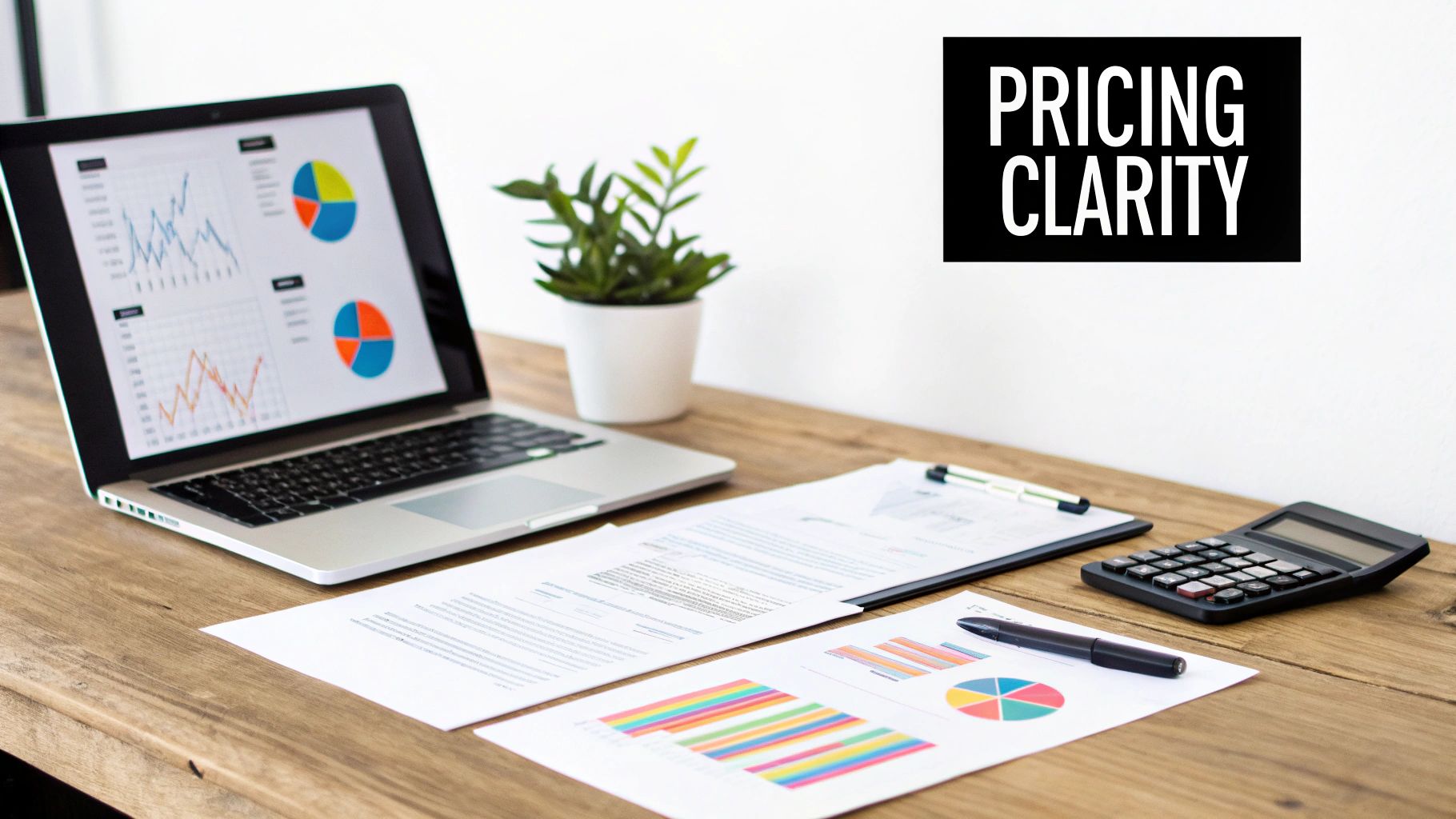 A professional workspace with a laptop displaying charts, documents, a calculator, and 'PRICING CLARITY' text.
