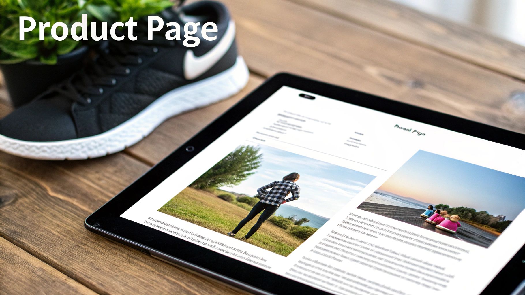 A tablet displays a product page design, alongside a running shoe and plant on a wooden desk.