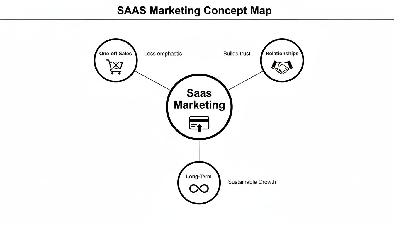 SAAS Marketing concept map illustrating core principles: less emphasis on one-off sales, building trust for relationships, and long-term sustainable growth.