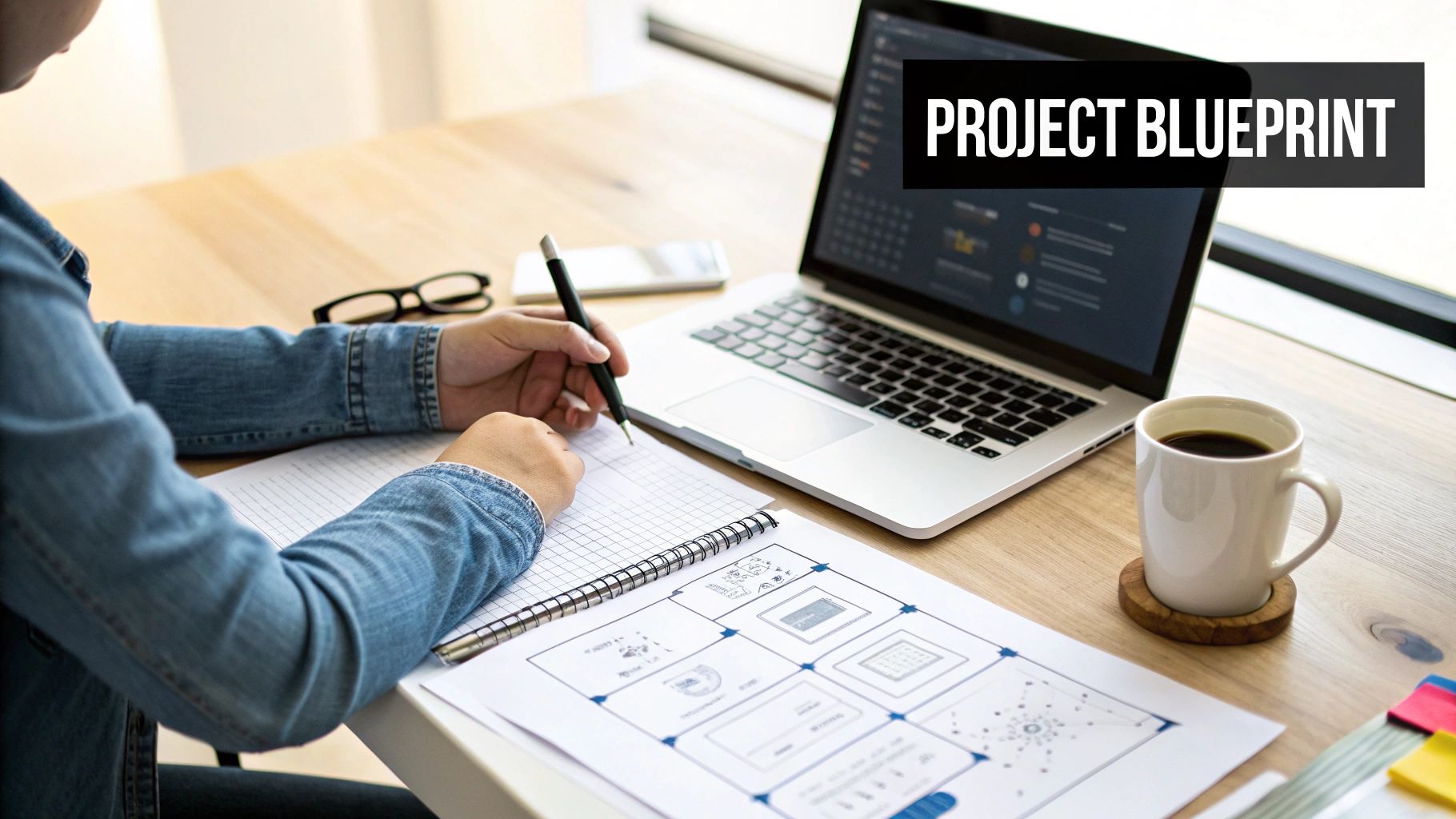 Designer or developer planning a project, taking notes, with a laptop and UI/UX wireframes.