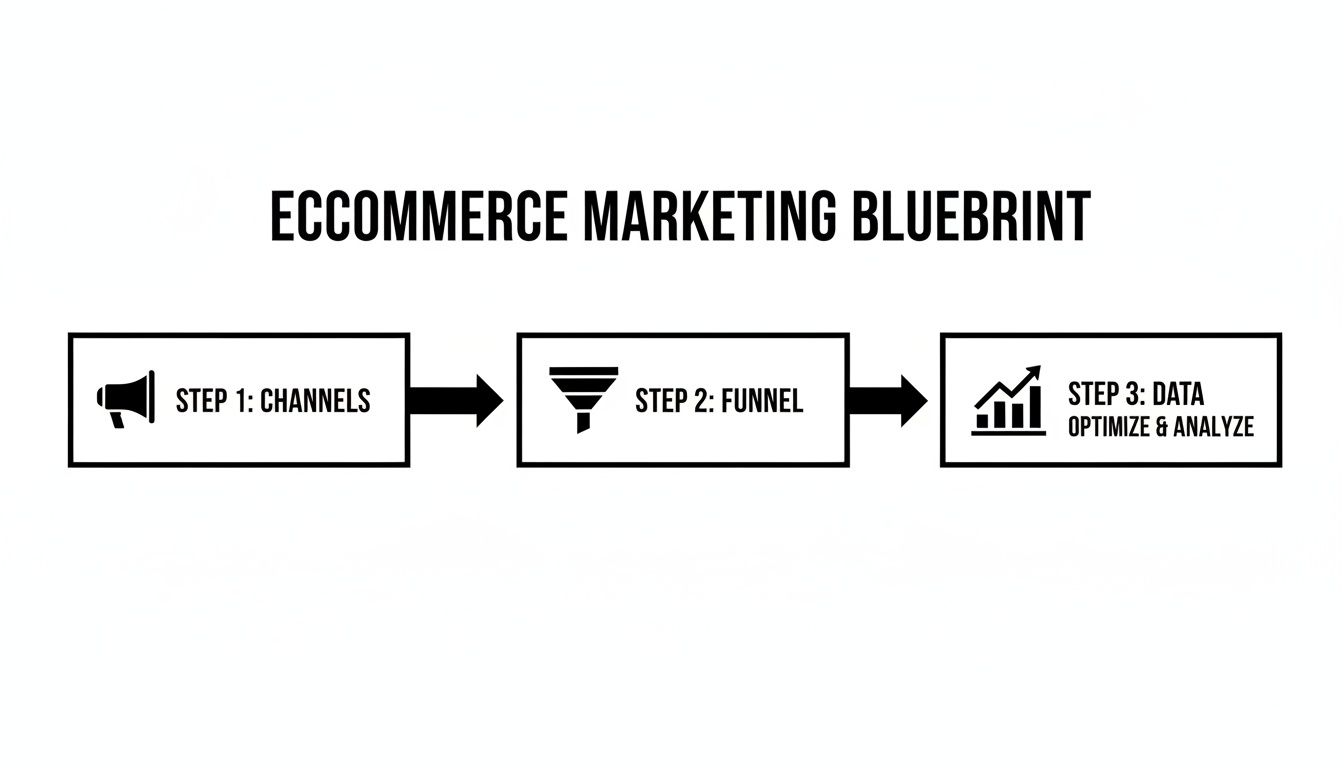 Ecommerce marketing blueprint diagram outlining three steps: channels, funnel, and data optimization and analysis.
